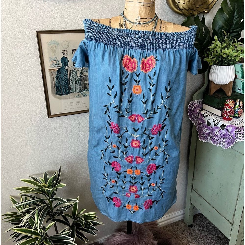 Miami Blue Tencel Chambray Colorful Floral Embroidery Off Shoulder Dress S Boho